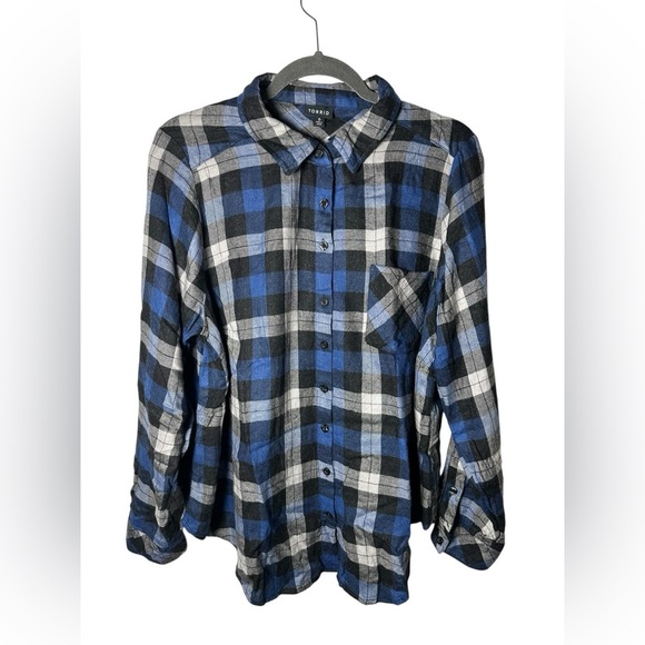 Torrid Blue Black Plaid Button Down Flannel Shirt Women’s Size 0 - Picture 1 of 7